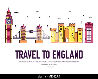 Country England travel vacation of place and feature. Set of architecture, item, nature background concept. Infographic traditional ethnic flat, outline, thin line icon Stock Vector