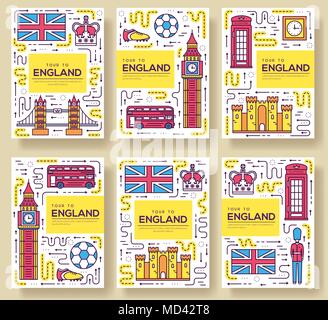 England vector brochure cards thin line set. Country travel template of flyear, magazines, posters, book cover, banners. Layout culture monument outline illustrations modern pages Stock Vector