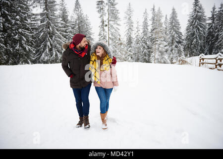 Young couple walking in snow Stock Photo