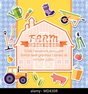 Farm equipment elements on background poster in sticker style design. Instruments, flowers, vegetables, fruits, hay, farm building, animals, tractor, tools, clothing. Vector template card illustration Stock Vector