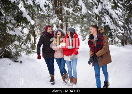 Friends walking and laughing in snow Stock Photo