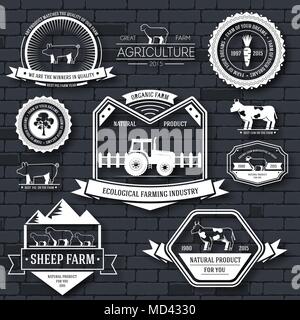 farm label template of emblem element for your product or design, web and mobile applications with text. Vector illustration with thin lines isolated icons on stamp symbol Stock Vector