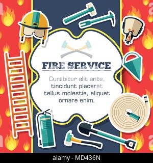 Firefighter equipment elements on red fire background poster in sticker style design. Vector illustration template card illustration concept  Stock Vector