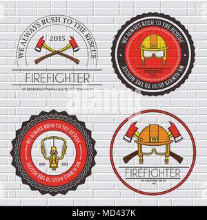 firefighter label template of emblem element for your product or design, web and mobile applications with text. Vector illustration with thin lines isolated icons on stamp symbol Stock Vector