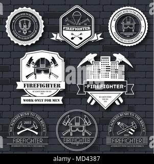 firefighter label template of emblem element for your product or design, web and mobile applications with text. Vector illustration with thin lines isolated icons on stamp symbol Stock Vector