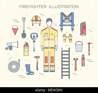 Flat firefighter uniform and first help equipment set and instruments. On flat style background concept. Vector illustration for colorful template for you design, web and mobile applications Stock Vector
