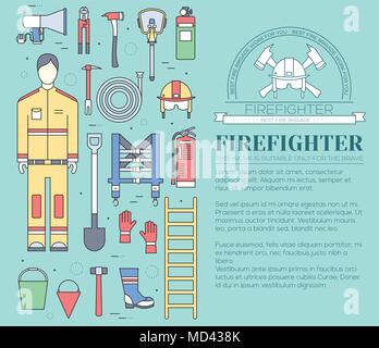 Flat firefighter uniform and first help equipment set and instruments. On flat style background concept. Vector illustration for colorful template for you design, web and mobile applications Stock Vector
