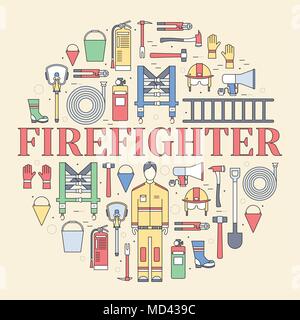 Flat firefighter uniform and first help equipment set and instruments. On flat style background concept. Vector illustration for colorful template for you design, web and mobile applications Stock Vector