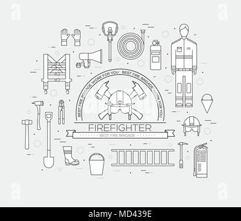 Flat firefighter uniform and first help equipment set and instruments. On flat style background concept. Vector illustration for colorful template for you design, web and mobile applications Stock Vector
