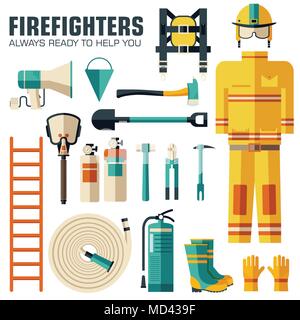 Flat firefighter uniform and first help equipment set and instruments. On flat style background concept. Vector illustration for colorful template for you design, web and mobile applications Stock Vector