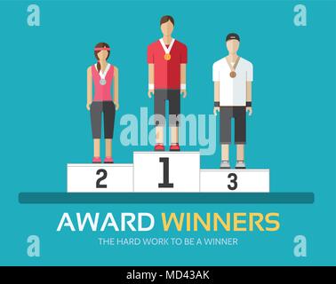 Award winners in flat design background concept. Rewarding athletes on the podium. Icons for your product or illustration, web and mobile applications Stock Vector