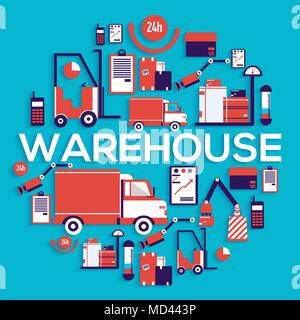 Warehouse staff puts cargoes, box, package and parcels circle concept. Business delivery service vector illustration design concept. Flat quality logistics icons Stock Vector