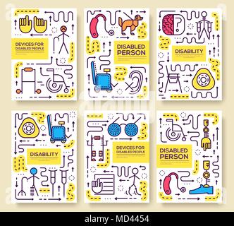 Set of thin line care people pattern concept. Art disabled, magazine, book, poster, abstract, banners, element. Vector world disability day  outline package greeting card or invitation design. Stock Vector