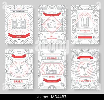 Dubai vector brochure cards thin line set. Country travel template of flyear, magazines, posters, book cover, banners. Layout culture monument outline illustrations modern pages Stock Vector