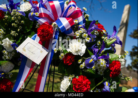 The Presidential wreath provided by President Donald J. Trump, is displayed during the wreath laying ceremony held in honor of the 4th President of the United States, James Madison, also known as the Father of the Constitution, at his home at Montpelier, Orange, Va., March 16, 2018. This event was held in commemoration of the 267th anniversary of the birth of Madison, born in 1751, and has also been decreed as James Madison Appreciation Day for the Commonwealth of Virginia. (U.S. Marine Corps photo by Kathy Reesey) Stock Photo