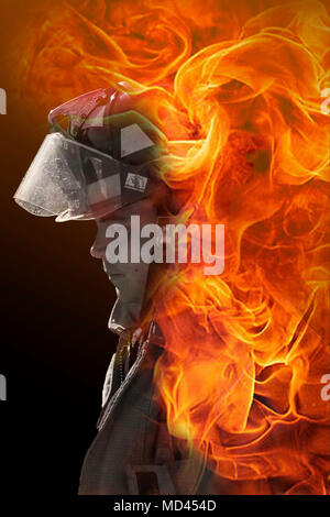 Matthew Perreira, 23d Civil Engineer Squadron (CES) firefighter, poses for a photo during a live-burn exercise, March 15, 2018, at Moody Air Force Base, Ga. Following the training, firefighters from the 23d CES said how their best days are often people’s worst. (U.S. Air Force photo illustration by Airman 1st Class Erick Requadt) Stock Photo