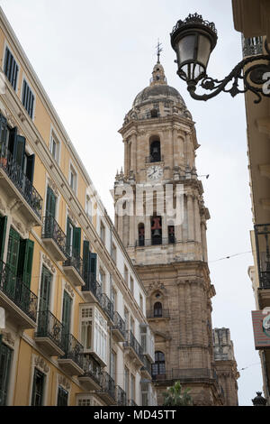 Tower of Catedral de la Encarnacion de Malaga between narrow streets of the old town, Malaga, Costa del Sol, Andalucia, Spain, Europe Stock Photo