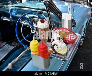 Fake food on car hop window tray Stock Photo