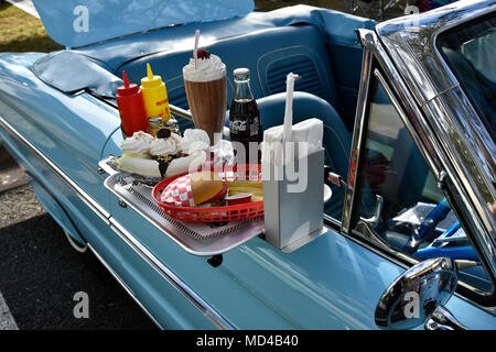 Fake food on car hop window tray Stock Photo