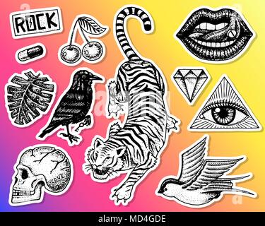 Set of Fashion patches. Tattoo artwork for Girls. Tiger and lips, skull and eye in the triangle. Engraved hand drawn in old vintage sketch. Vector surreal illustration, badges, print for t-shirt. Stock Vector