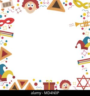 Frame with purim holiday flat design icons. Template with space for text, isolated on background. Vector eps10 illustration. Stock Vector