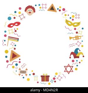 Frame with purim holiday flat design icons. Template with space for text, isolated on background. Vector eps10 illustration. Stock Vector