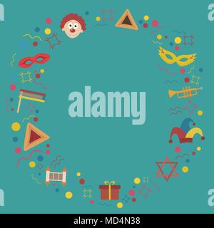 Frame with purim holiday flat design icons. Template with space for text, isolated on background. Vector eps10 illustration. Stock Vector