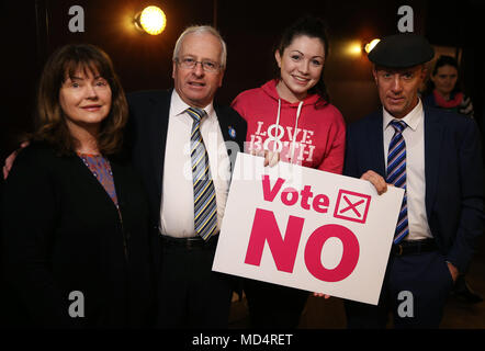 Legal consultant Caroline Simons (left) with TD's Mattie McGrath and Michael Healy Rae (right) and campaigner Brigit Hirsch at the launch of the LoveBoth 'Vote No' campaign at The Alex Hotel, Dublin, ahead of the referendum on the Eighth Amendment on May 25. Stock Photo