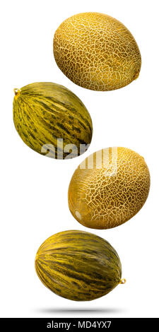 Falling cantaloupe golden melons isolated on white background with clipping path Stock Photo