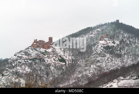 Castles of Saint Ulrich, Girsberg and Haut-Ribeaupierre in the Vosges Mountains near Ribeauville. Alsace, France Stock Photo