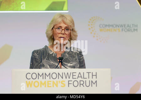 The Duchess of Cornwall delivers a speech at the closing session of the Women's Forum at the Queen Elizabeth II Conference Centre in London, during the Commonwealth Heads of Government Meeting. Stock Photo