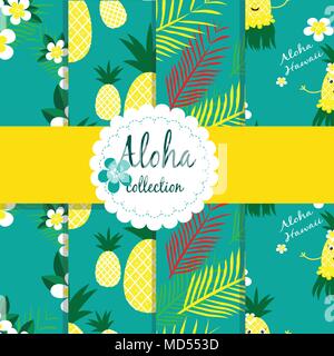 Tropical flowers , palm leaves. pineapple on background. Seamless vector patterns collection. Stock Vector
