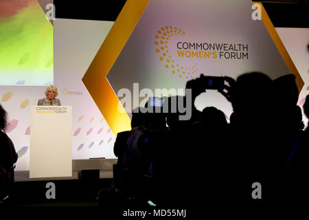 The Duchess of Cornwall delivers a speech at the closing session of the Women's Forum at the Queen Elizabeth II Conference Centre in London, during the Commonwealth Heads of Government Meeting. Stock Photo