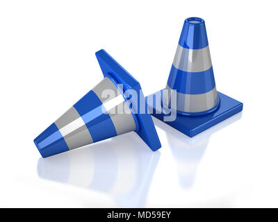 Two 3D blue stripped cones with white background Stock Photo