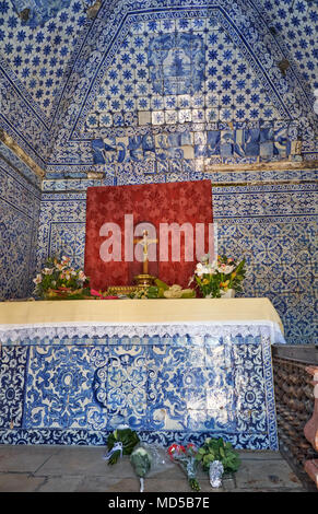 NAZARE, PORTUGAL - JUNE 26, 2016: The interior of the Memory Chapel (Ermida da Memoria) covered with azulejo tiles. The church was built to commemorat