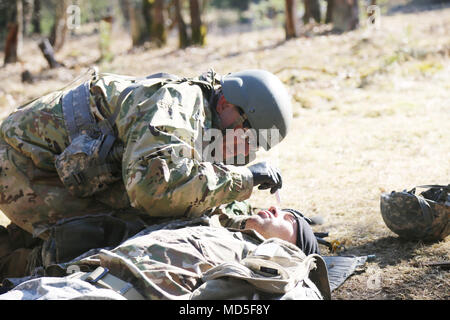 Staff Sgt. Matthew Adams, healthcare sergeant from Regional Health Comamnd-Europe, checks a patient for Pupils Equal and Reactive to Light on a simulated casualty, during U.S. Army Europe's Spring 2018 Expert Field Medics Badge testing, March 20, in Grafenwoehr, Germany. Stock Photo