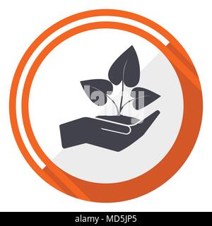 Hand protect plant growth flat design orange round vector icon in eps 10 Stock Vector
