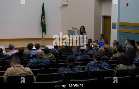 180321-N-KH214-0033 EVERETT, Wash. (March 21, 2018) Washington Secretary of State Kim Wyman speaks as the guest of honor during the celebration of Women's History Month held at the auditorium on Naval Station Everett. Women's History Month is celebrated annually throughout the month of March to commemorate the diverse contributions women have made, and continue to make to the United States as a nation. (U.S. Navy photo by Mass Communication Specialist 2nd Class Scott Wood/Released) Stock Photo