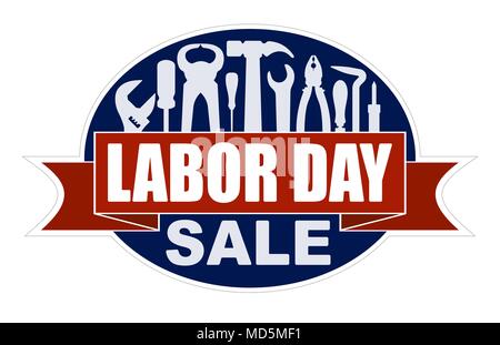Labor day sale banner with silhouettes of workers tools: hammer, screwdriver, pliers, file, soldering iron, pliers, awl, etc. Stock Vector