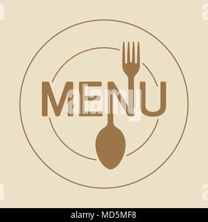 Menu round icon with stylized shape of fork and spoon and dish in gentle beige and brown gamma. Stock Vector