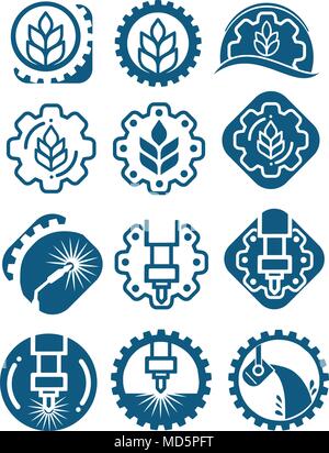 Agriculture logo set with cereal grains and industrial gears. Industrial and agricultural icon isolated with gears, wheat and welding. Stock Vector