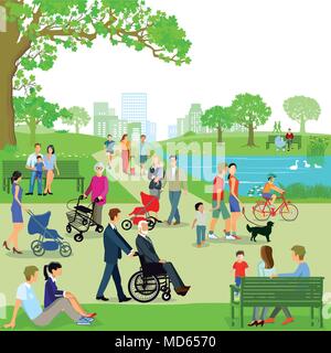 Leisure time of families in the park, illustration Stock Vector