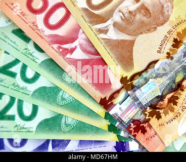 MONTREAL, CANADA - MARCH 10, 2018: Canadian bank notes, 20 and 50 dollars. Stock Photo