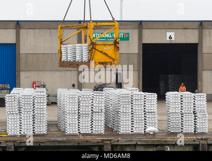 Rotterdam, Netherlands - 20 July 2015: Pallets with ingots of zinc are prepared for shipping at Europort Rotterdam, Europe's largest freight harbour. Stock Photo