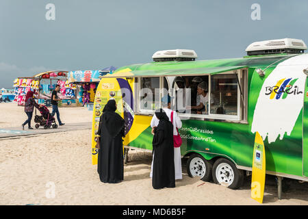 Food vendor kiosks at Kite Beach, Dubai, UAE, Middle East. Stock Photo