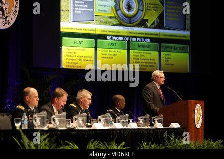 Association of the United States Army Global Force Symposium is a defense conference hosted in Huntsville, Alabama. An Army Network panel on March 27, 2018 addresses communications, data, and operational networking with soldiers, civilians, academia, and industry representatives. The archival image records panelists seated before an audience during the session. Stock Photo