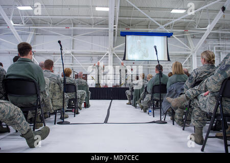 U.S. Air Force Lt. Gen. L. Scott Rice, director, Air National Guard, and Chief Master Sgt. Ronald Anderson, right, Command Chief of the Air National Guard answered questions from members of the 133rd Airlift Wing in St. Paul, Minn., March 25, 2018. The question and answer session was part of an all-call event where they answered questions relating to the airmen’s career fields.  (U.S. Air National Guard photo by Tech. Sgt. Austen R. Adriaens/Released) Stock Photo