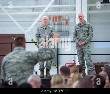 U.S. Air Force Lt. Gen. L. Scott Rice, director, Air National Guard, and Chief Master Sgt. Ronald Anderson, right, Command Chief of the Air National Guard answered questions from members of the 133rd Airlift Wing in St. Paul, Minn., March 25, 2018. The question and answer session was part of an all-call event where they answered questions from airmen relating to their career fields.  (U.S. Air National Guard photo by Tech. Sgt. Austen R. Adriaens/Released) Stock Photo