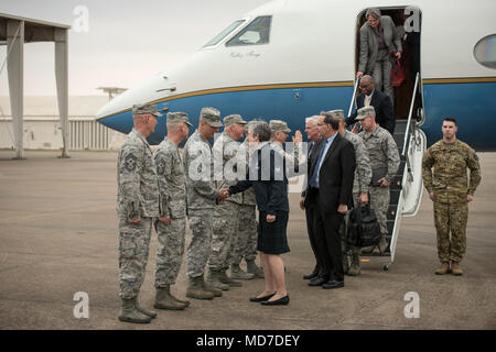 Col Robert I. Kinney shakes hands with Secretary of the Air Force Heather Wilson at Ebbing Air National Guard Base, Fort Smith, Ark., Mar. 26 , 2018.  Wilson’s visit to the 188th Wing marks her first tour of the wing's missions since becoming the SECAF. (U.S. Air National Guard photo by Senior Airman Matthew Matlock) Stock Photo