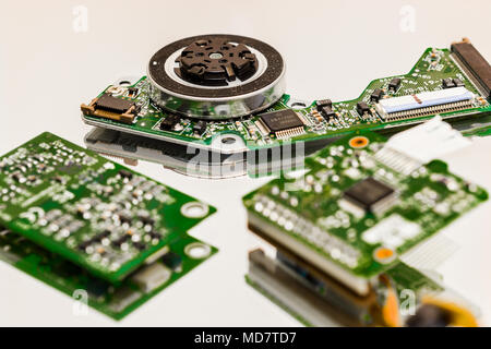 Close up of computer disc drive components showing printed microchip board Stock Photo